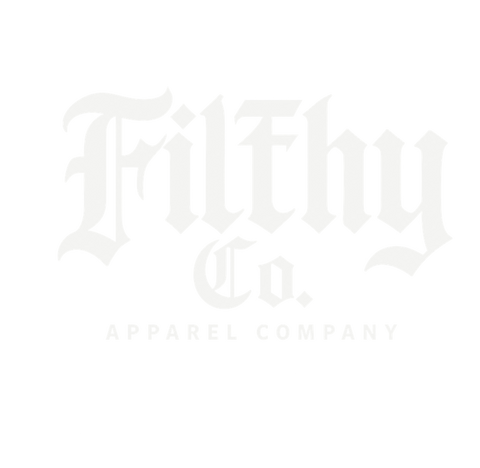 Filthy Co. Apparel Company blackletter logo, white