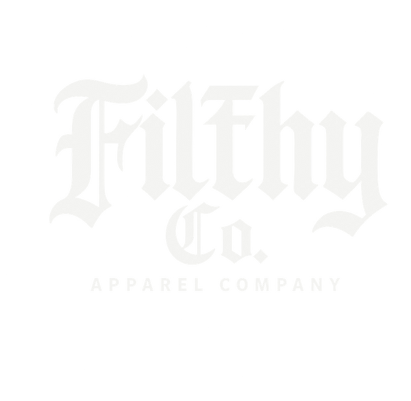 Filthy Co. Apparel Company blackletter logo, white